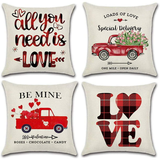 Valentines' Day Square Pillow Case Red Buffalo Plaid Love Decorative Throw Cushion Cover Sets 18 x 18 Inch Cushion Case,4Pack for Sofa Couch 